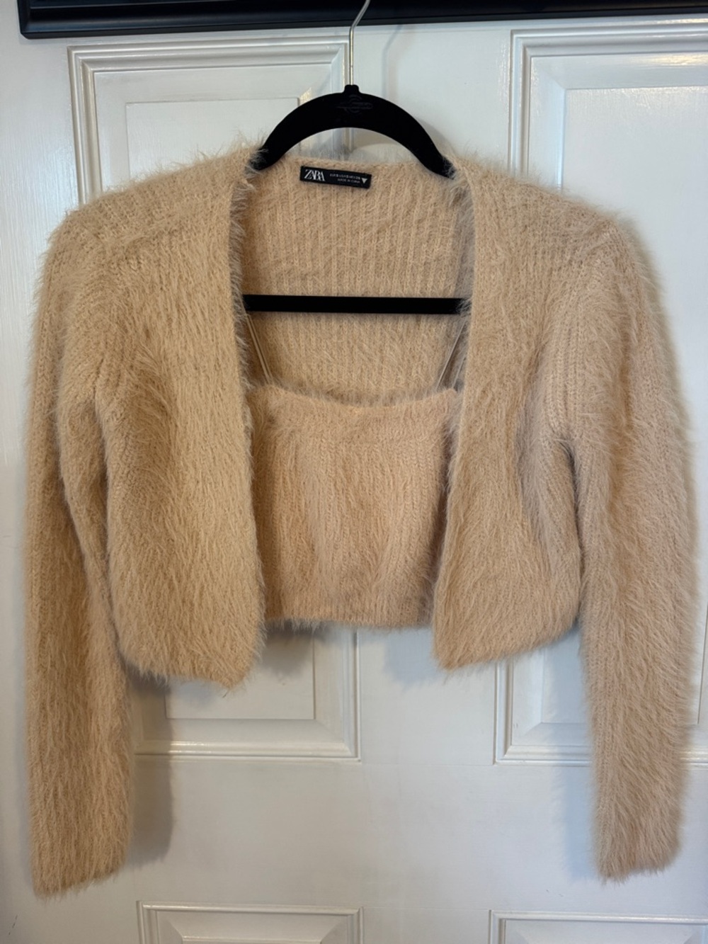 Zara Soft Fuzzy Cropped Cardigan and Tank - Light Beige
